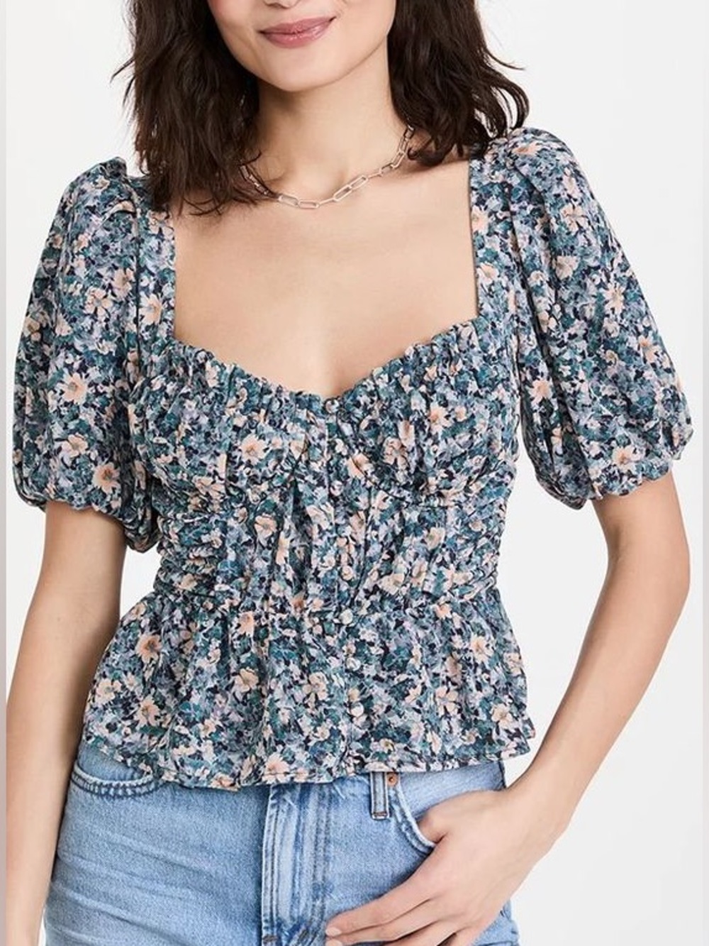 ASTR The Label Clairemont Top Floral Puff Sleeve Peplum Top Sz M